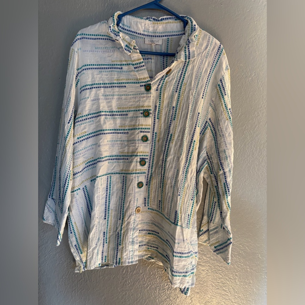 Habitat Sz XXL Wearable Art to Wear‎ Blue White Artsy Blouse Shirt Top Abstract